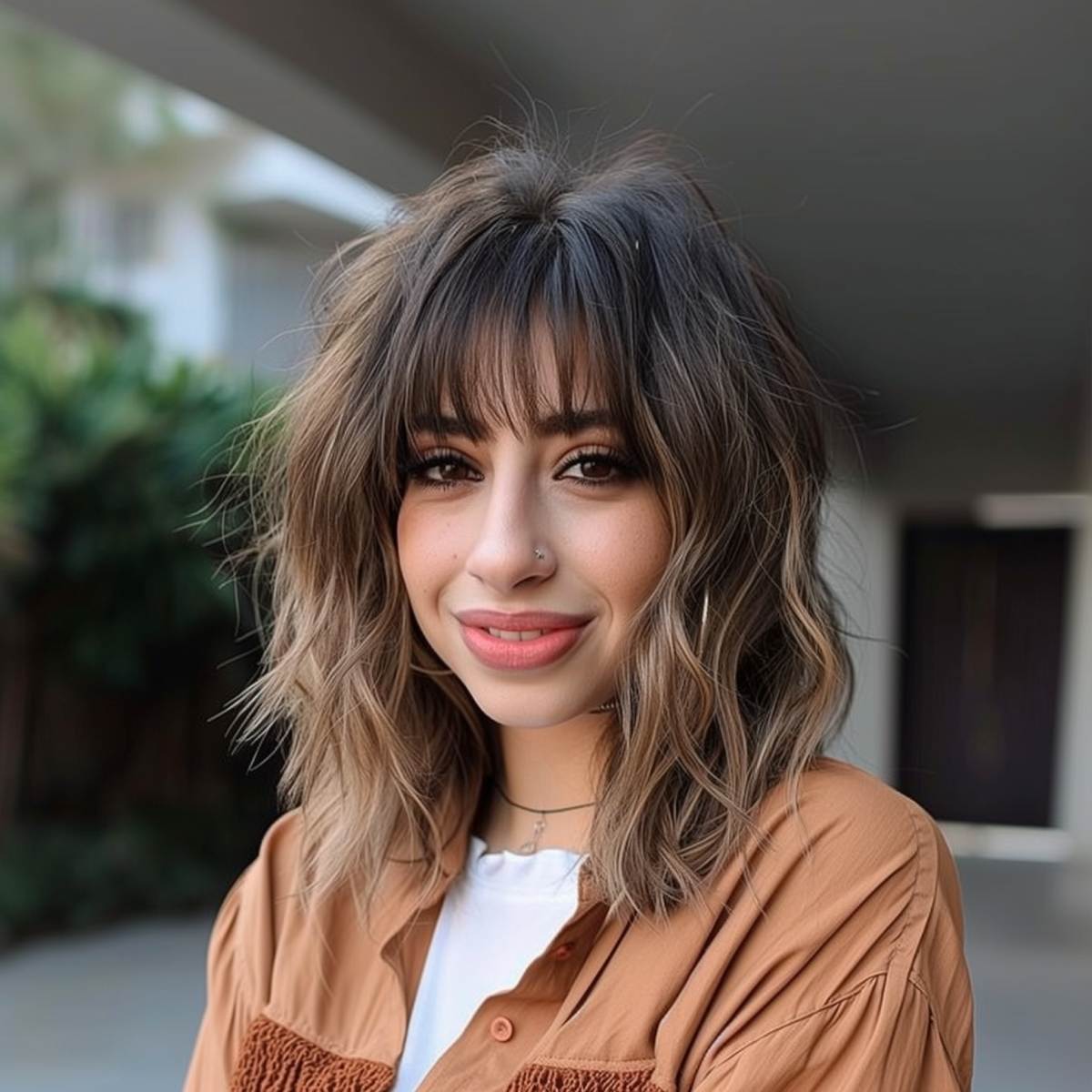 A woman with blunt bob hair and long bangs.