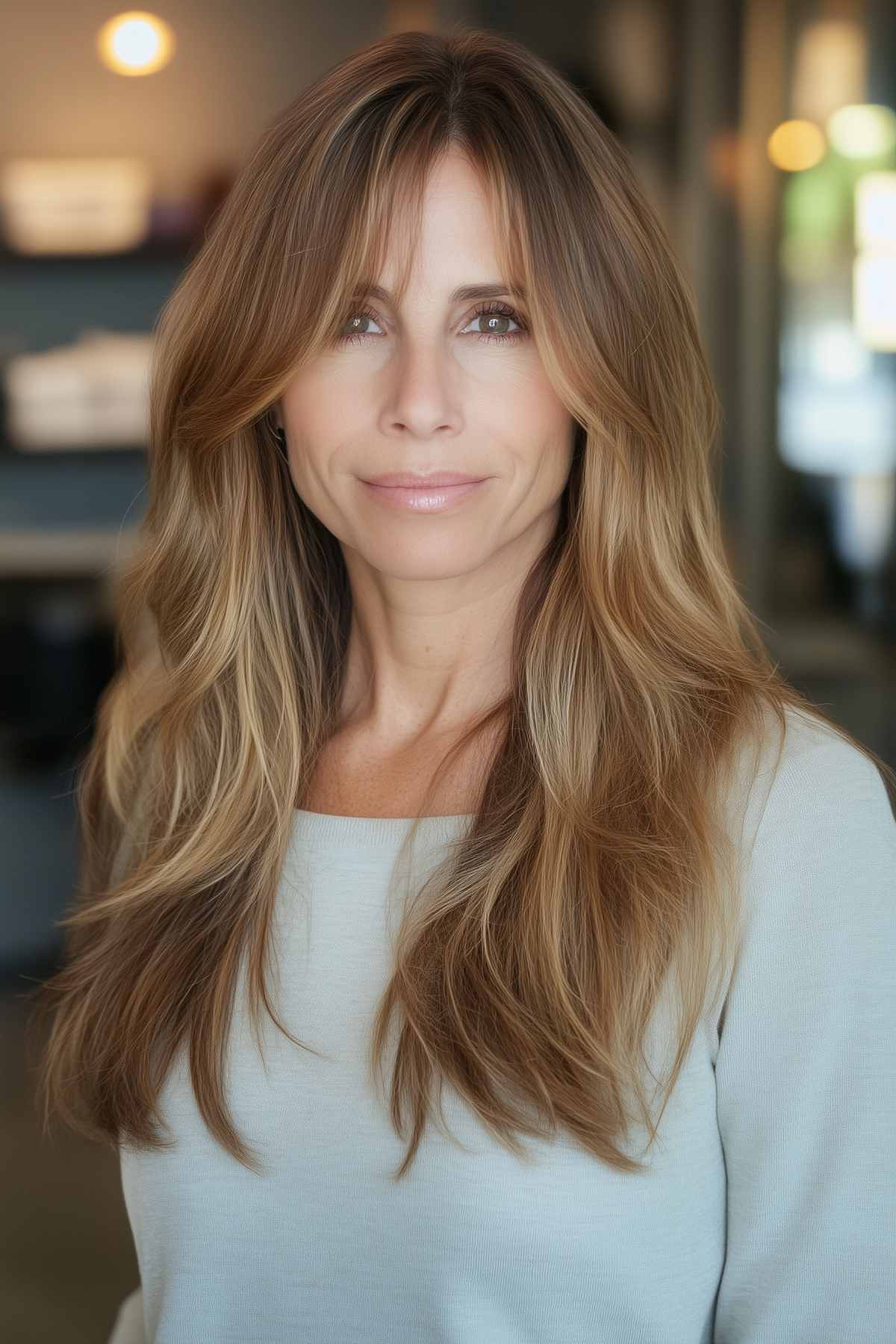 Choppy long layers with side part and subtle highlights for a relaxed yet polished look