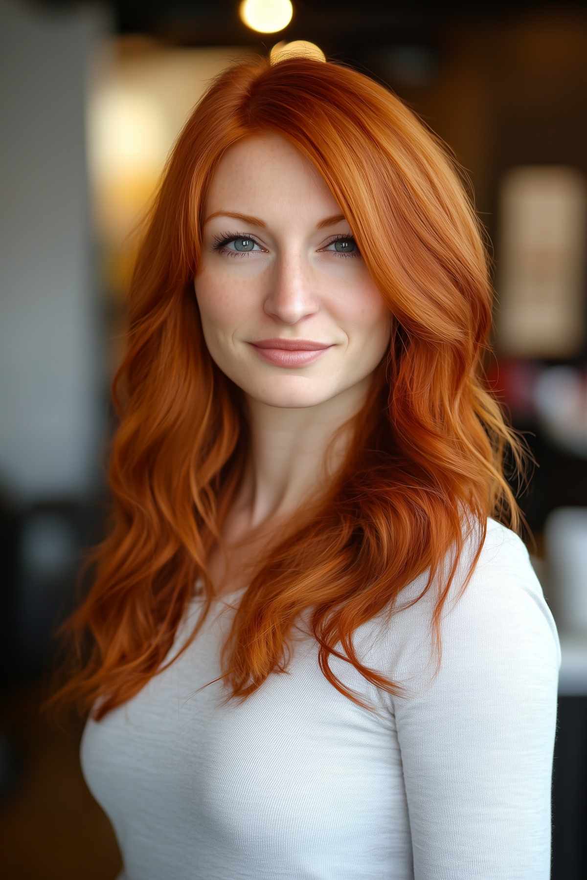 Long red hair with choppy layers, vibrant and bold look