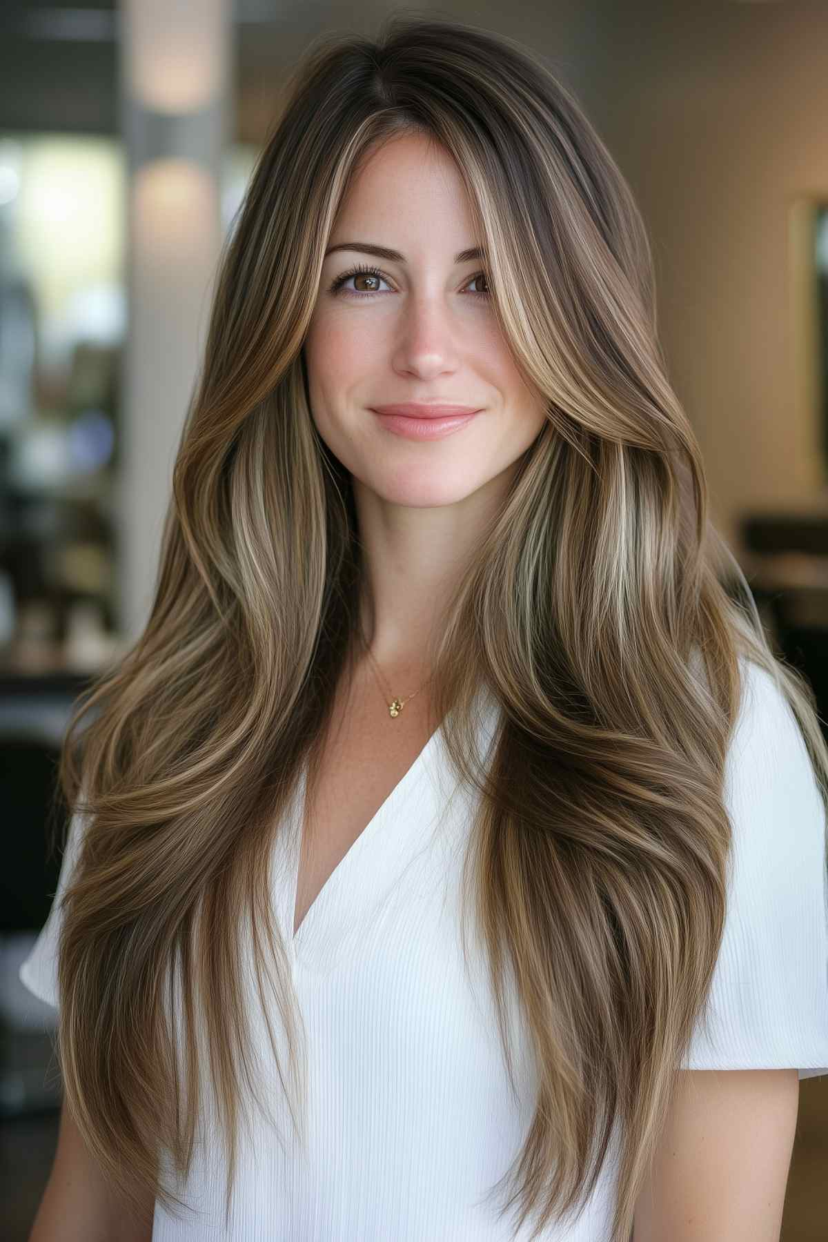 Longer haircut with soft front layers, framing the face for a gentle and elegant look