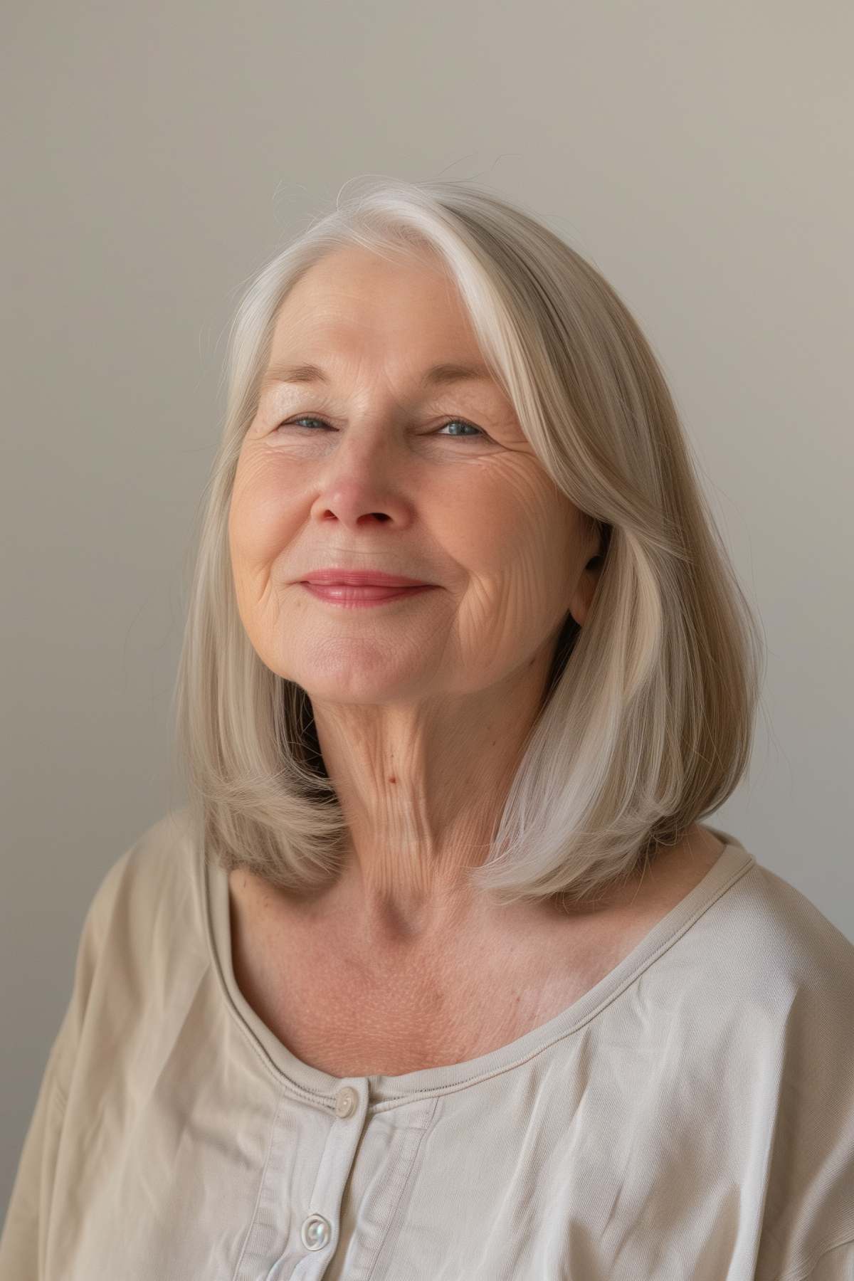 Choppy medium bob with side part on a woman with a round face