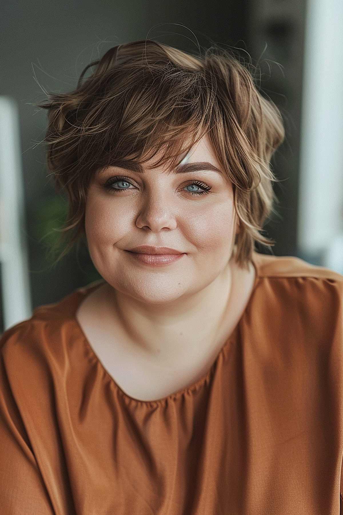 Choppy pixie bob with wispy bangs for plus-size women