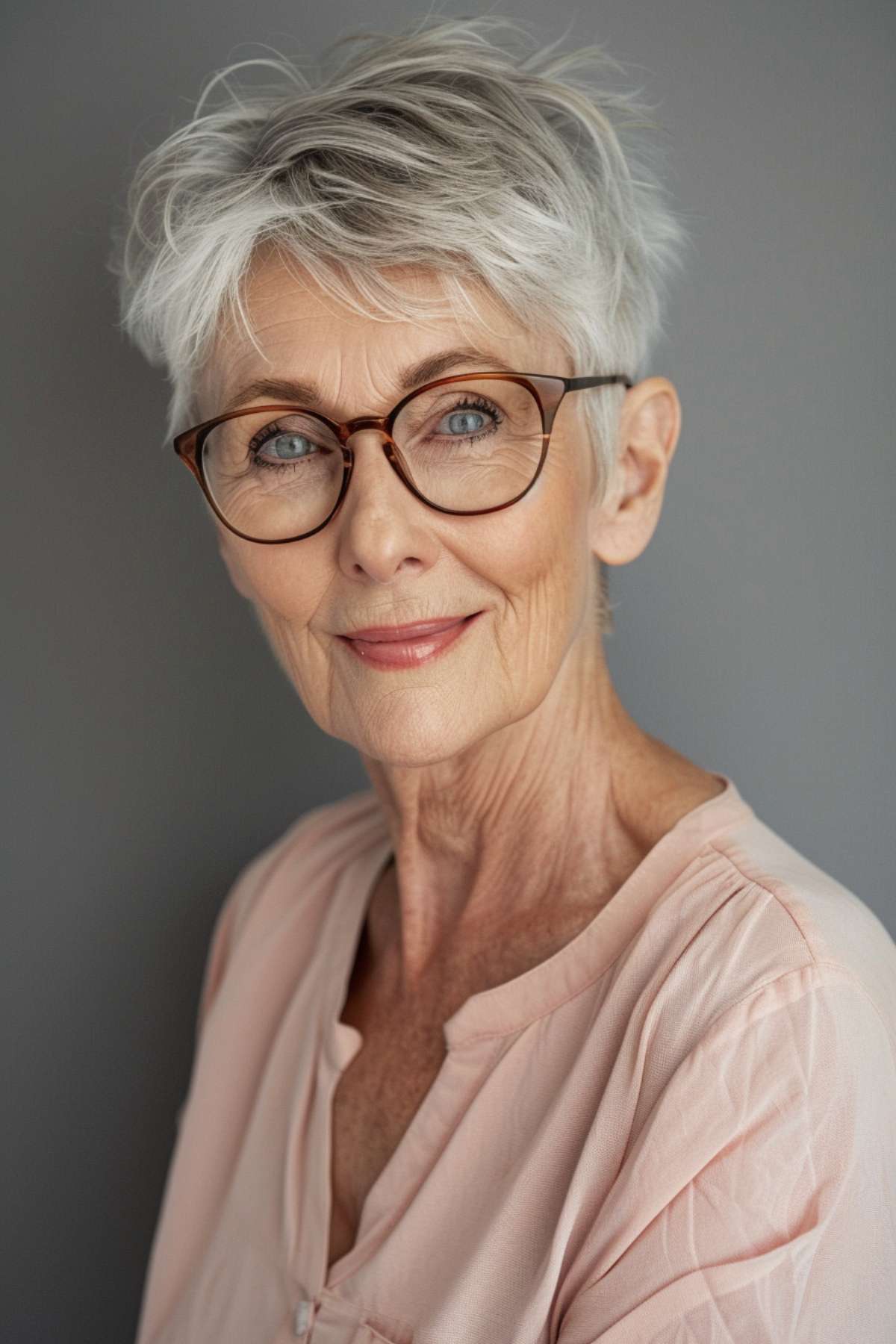 Choppy pixie cut for older women with glasses, showcasing textured layers and grey tones.