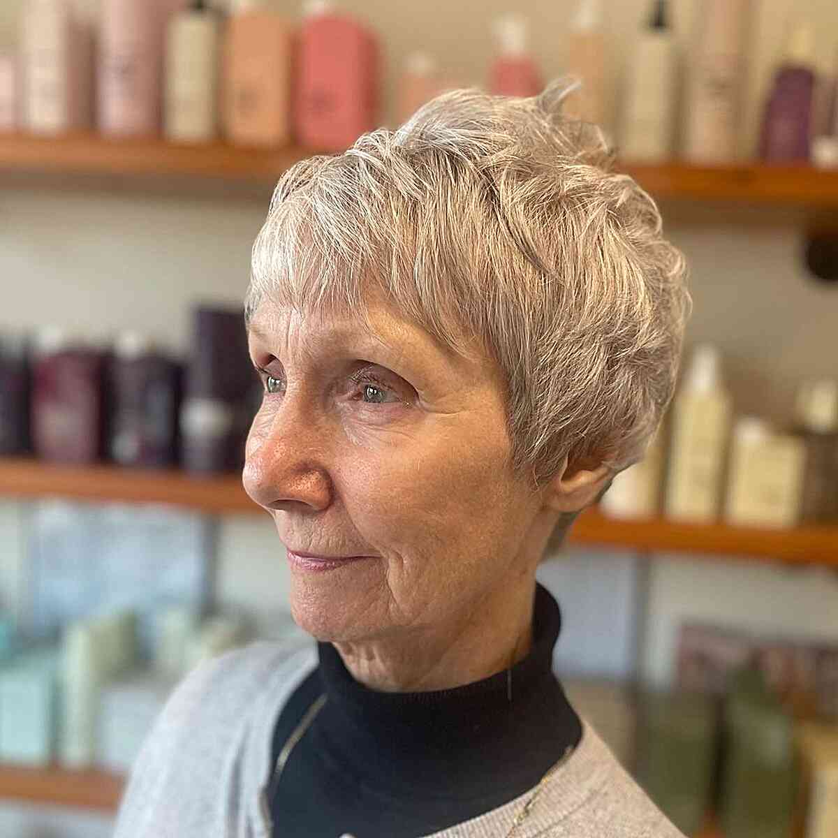 Choppy Pixie Cut with Bangs and Layers for 60-Year-Olds with Fine Hair