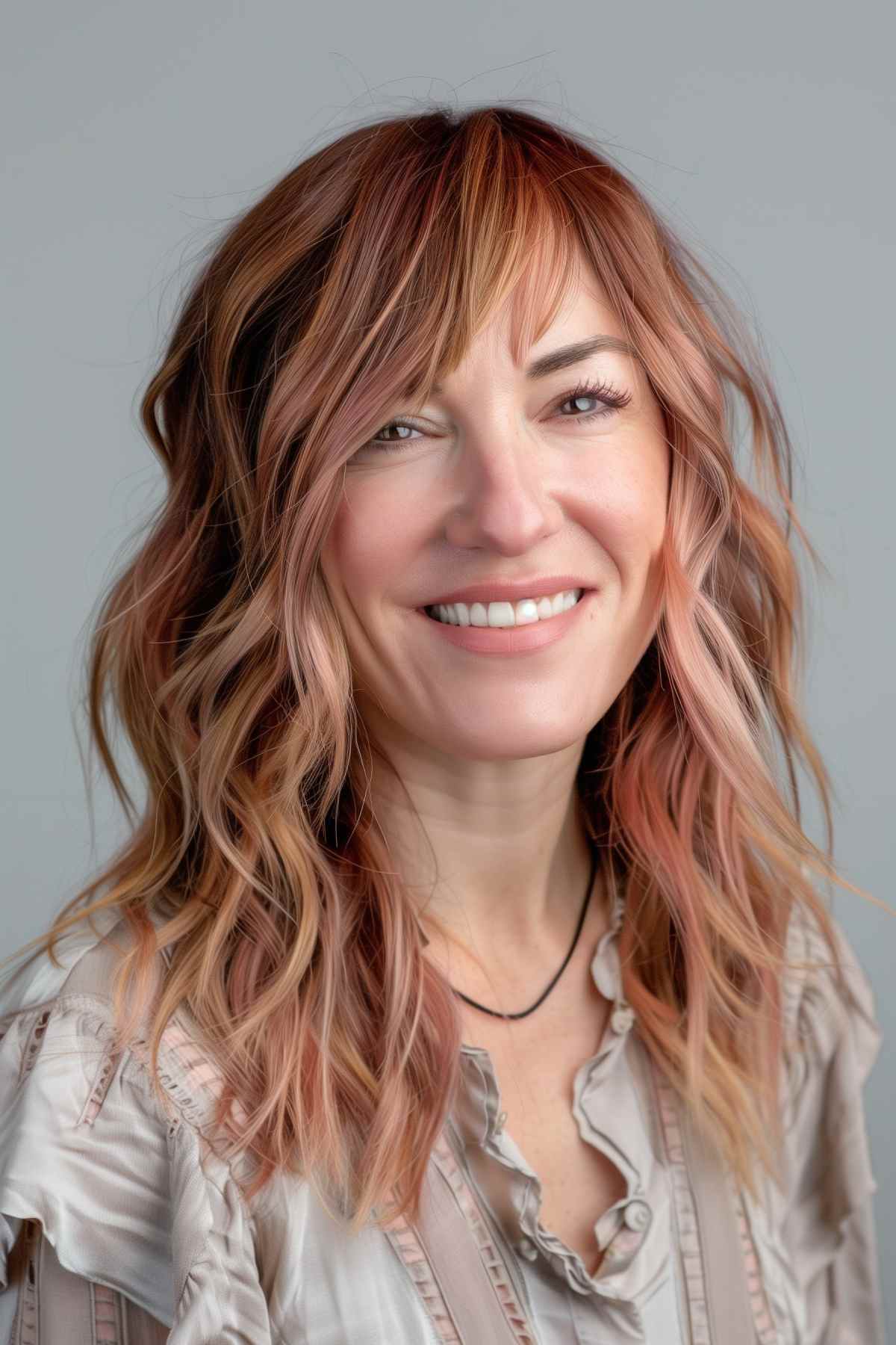 Medium-length choppy shag hairstyle with pink balayage and wispy bangs