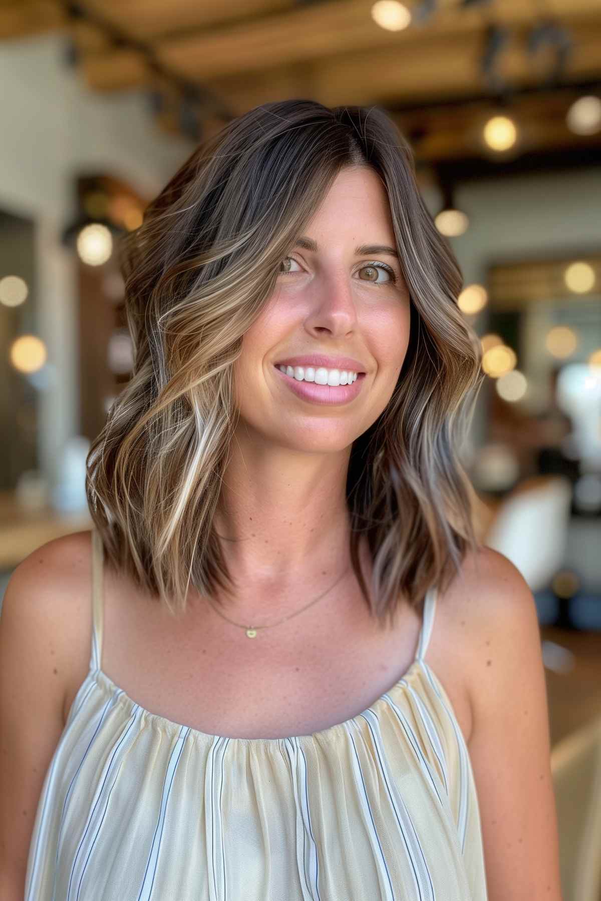 Medium-length choppy shag hairstyle with blunt ends and face-framing highlights