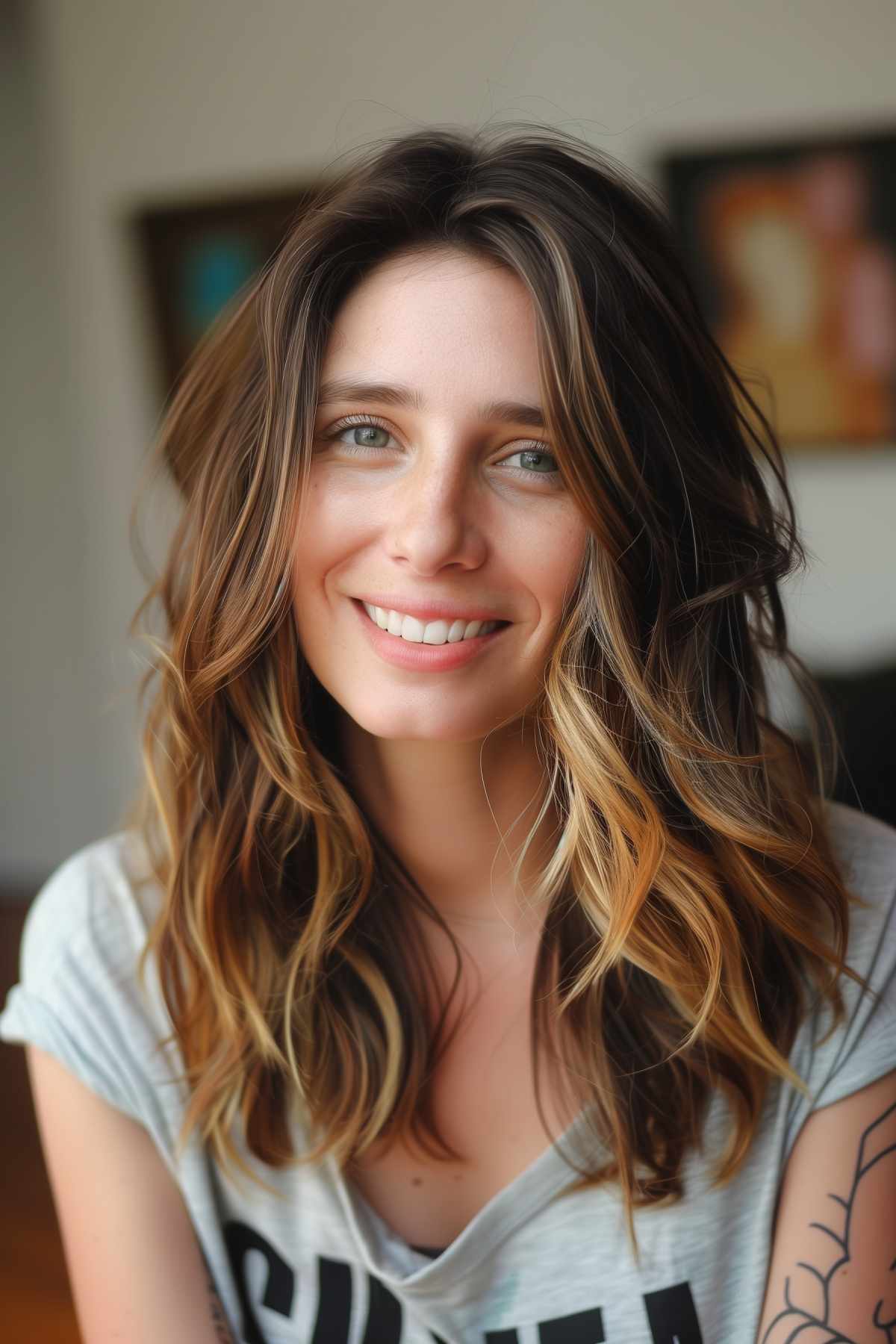 Medium-length choppy shag hairstyle with face-framing layers and sun-kissed highlights