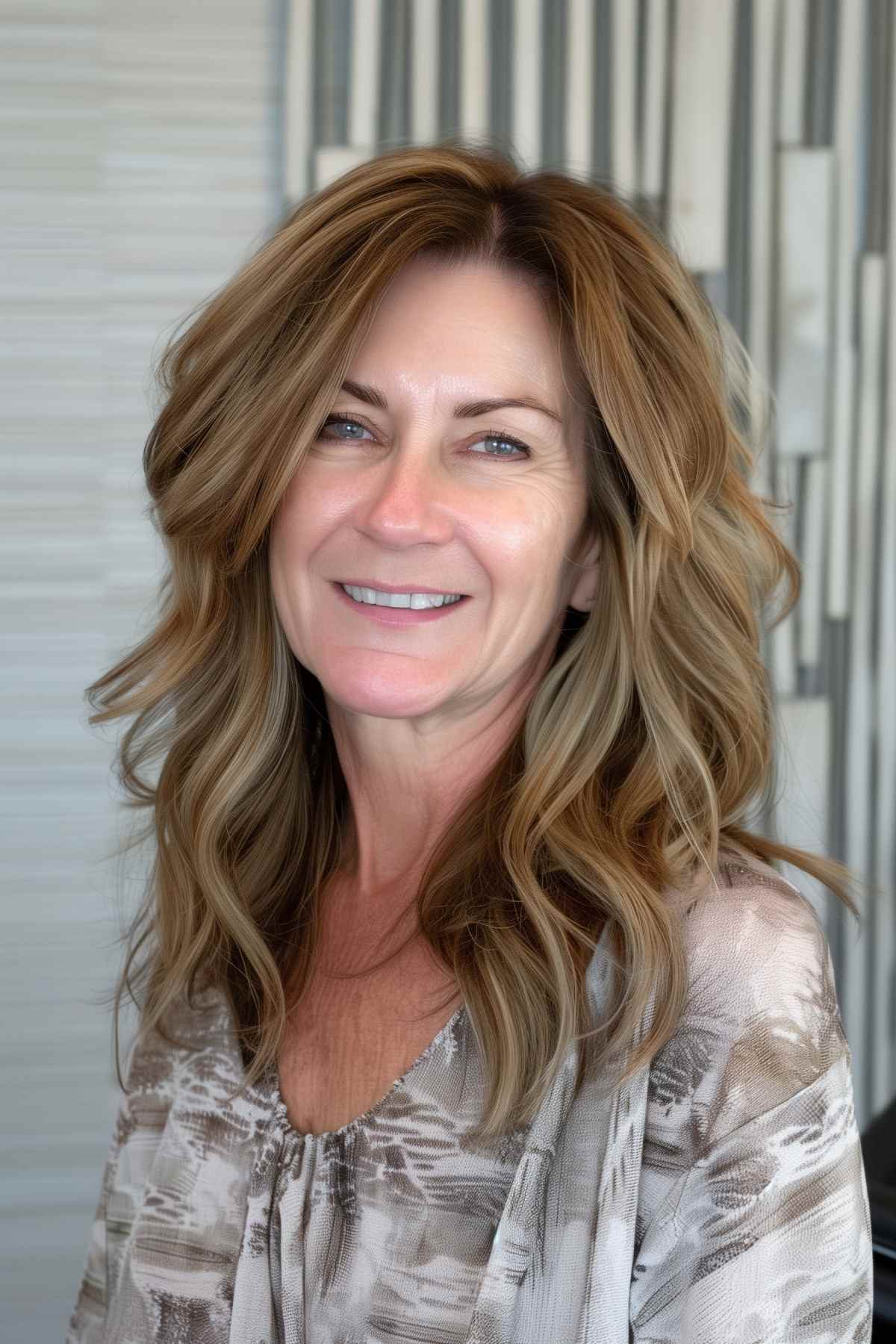 Medium-length choppy shag hairstyle with soft layers and natural highlights for women over 50