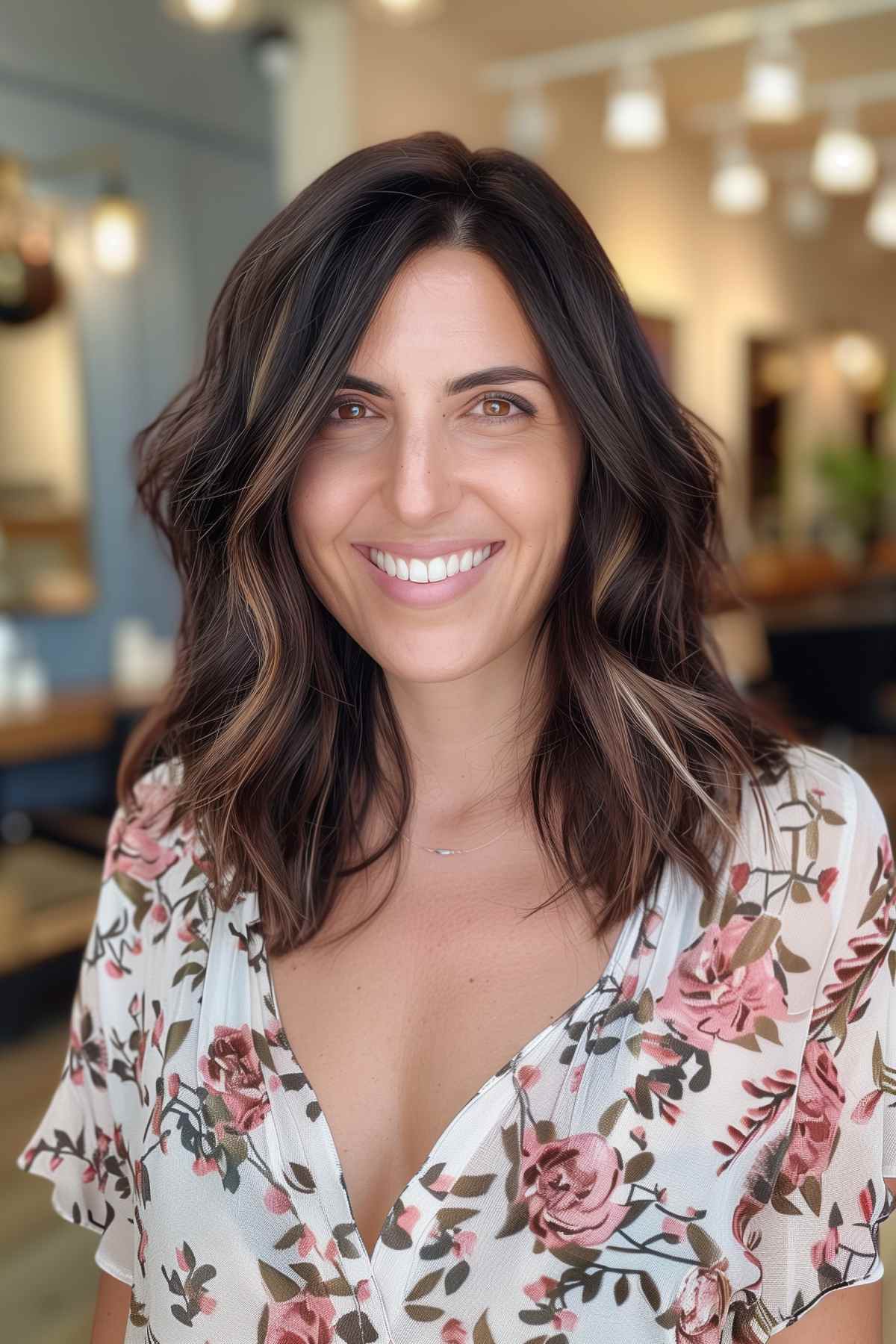 Medium-length choppy shag hairstyle with razored ends and soft waves