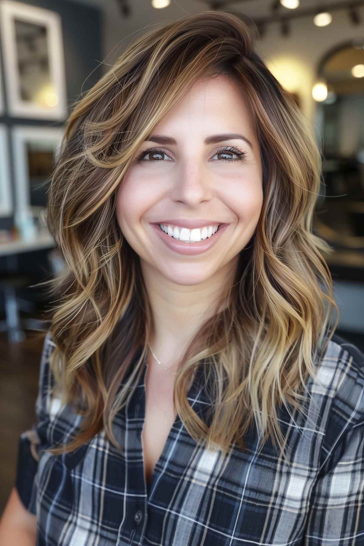 Medium-length choppy shag hairstyle with short layers and blonde highlights