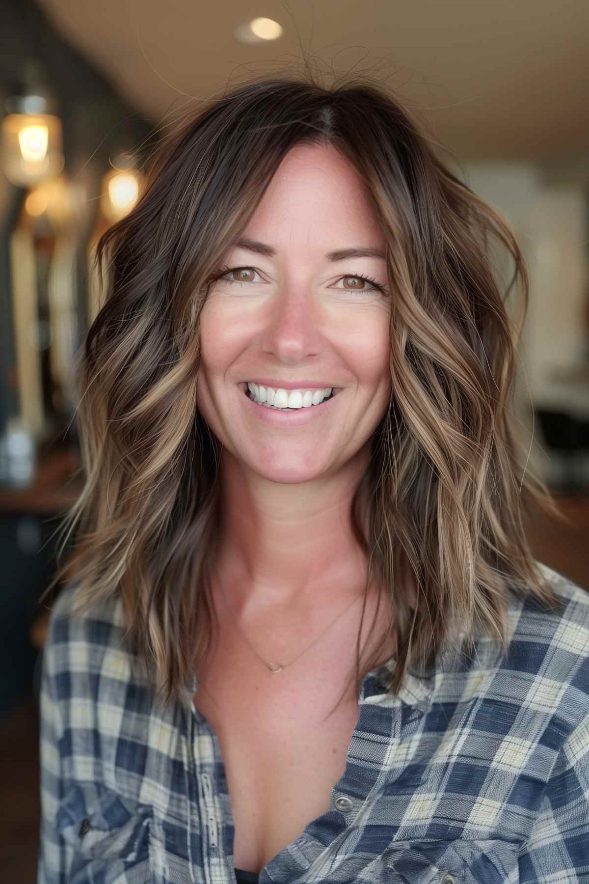 Medium-length choppy shag hairstyle with wispy layers and natural waves