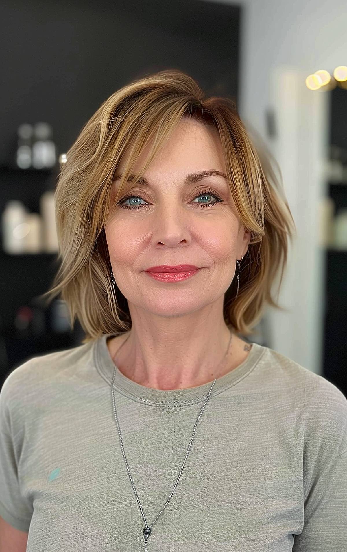 Choppy shaggy bob with side-swept bangs for women over 50