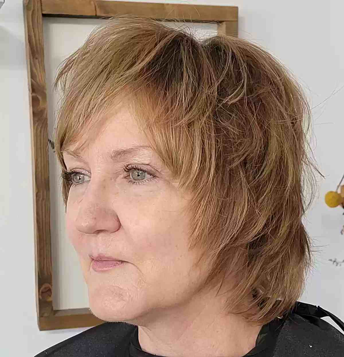 Choppy Short Shag with Face Frame and Bangs for Older Ladies