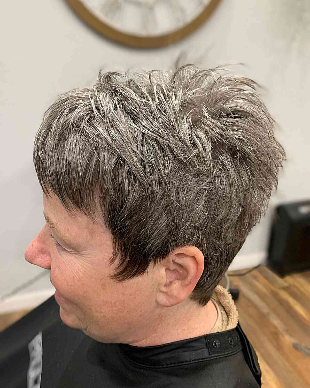 Short Choppy Tapered Pixie with Short Bangs for Older Women Aged 60 with Grey Hair