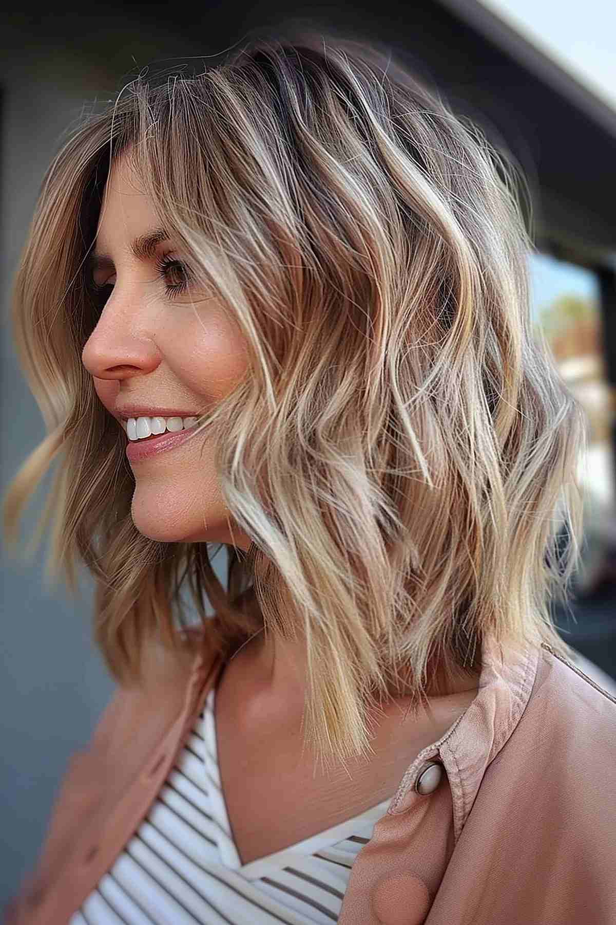 Smiling woman with a choppy textured lob and balayage highlights
