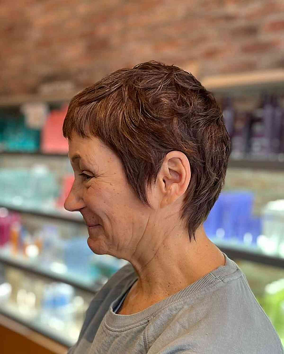 Choppy Textured Pixie Shag with Mini Bangs on Women Over 60