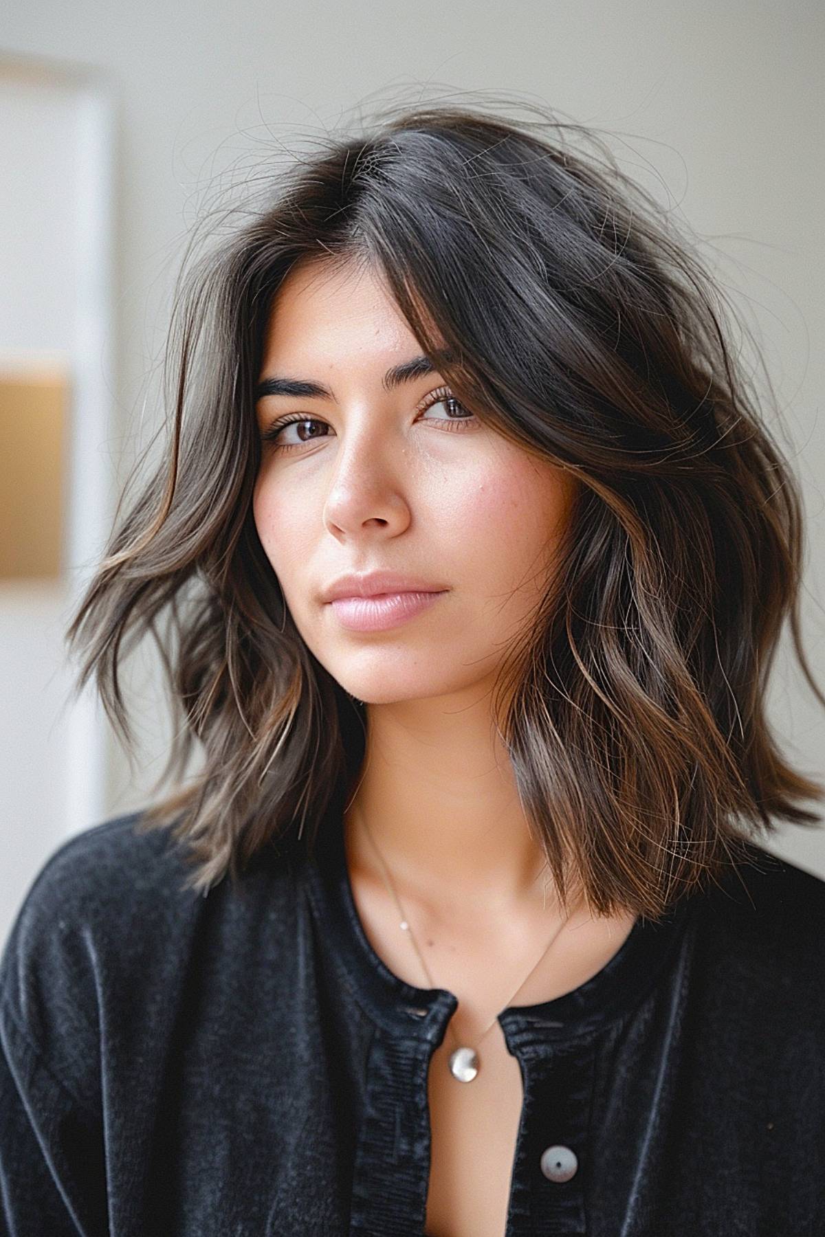 Chopveil cut with medium-length layers and soft waves