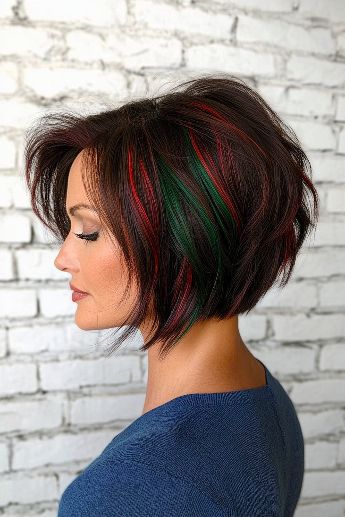 Christmas hair color idea for short brunette hair with red and green highlights