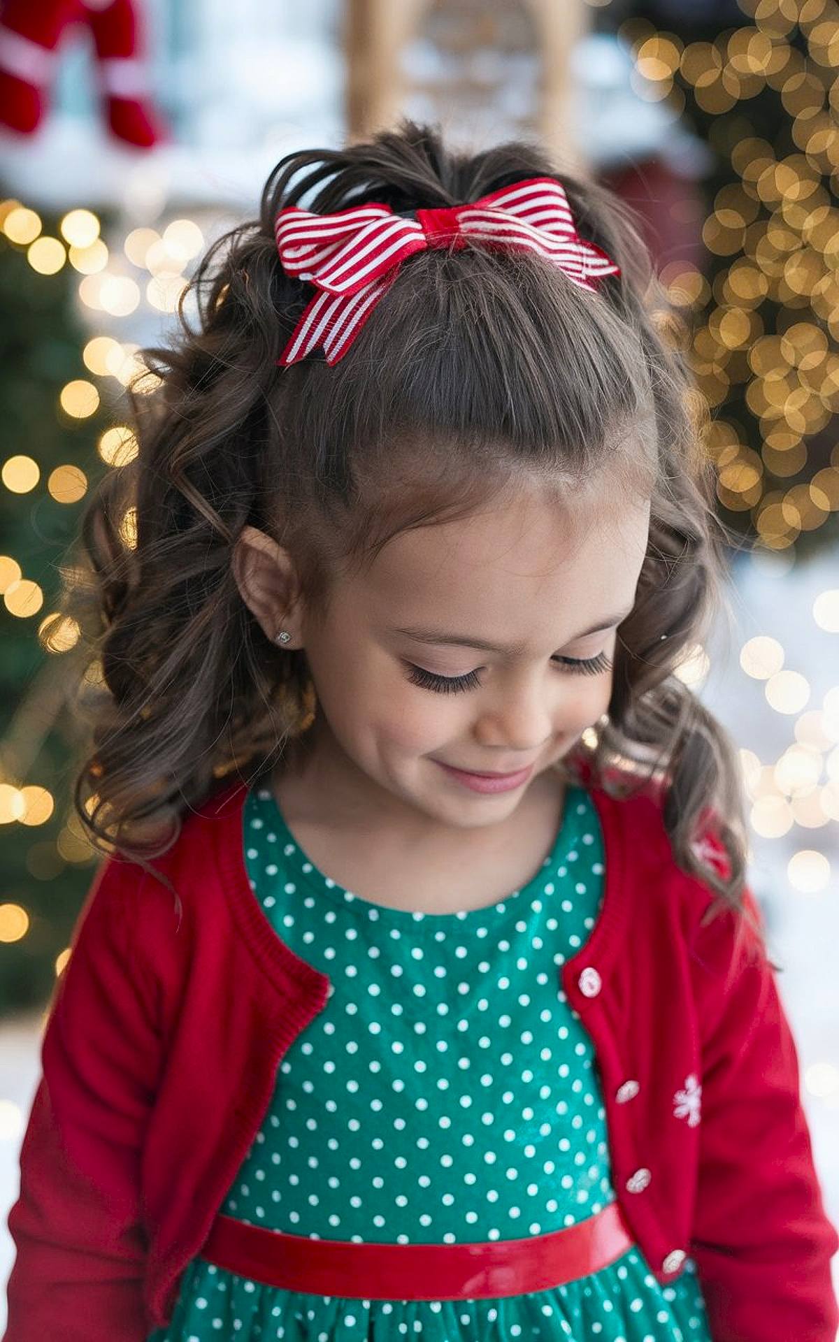 Half-up curly ponytail with a red and white striped bow for a Christmas hairstyle