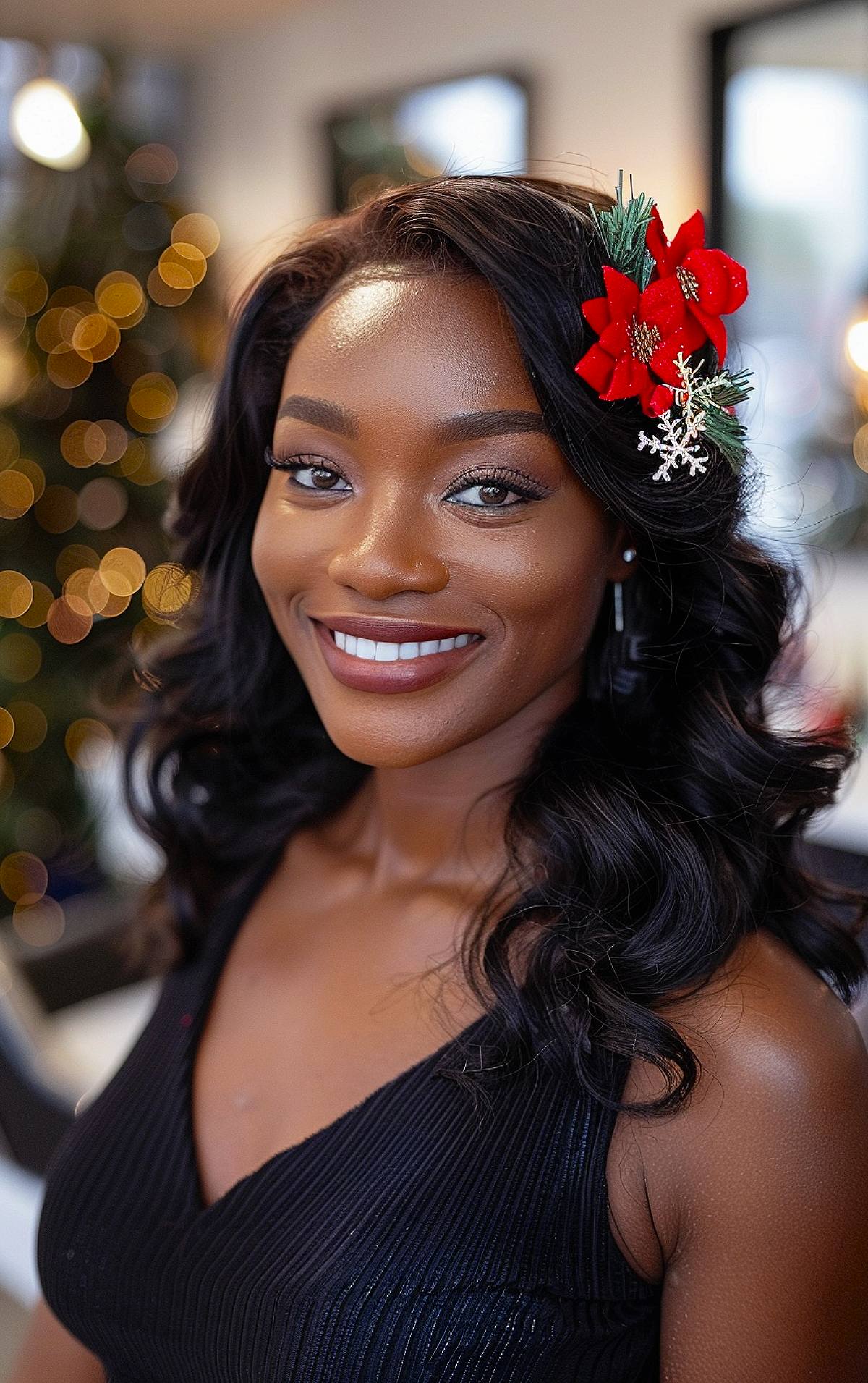 Wavy Christmas hairstyle with poinsettia clip for Black women with natural hair