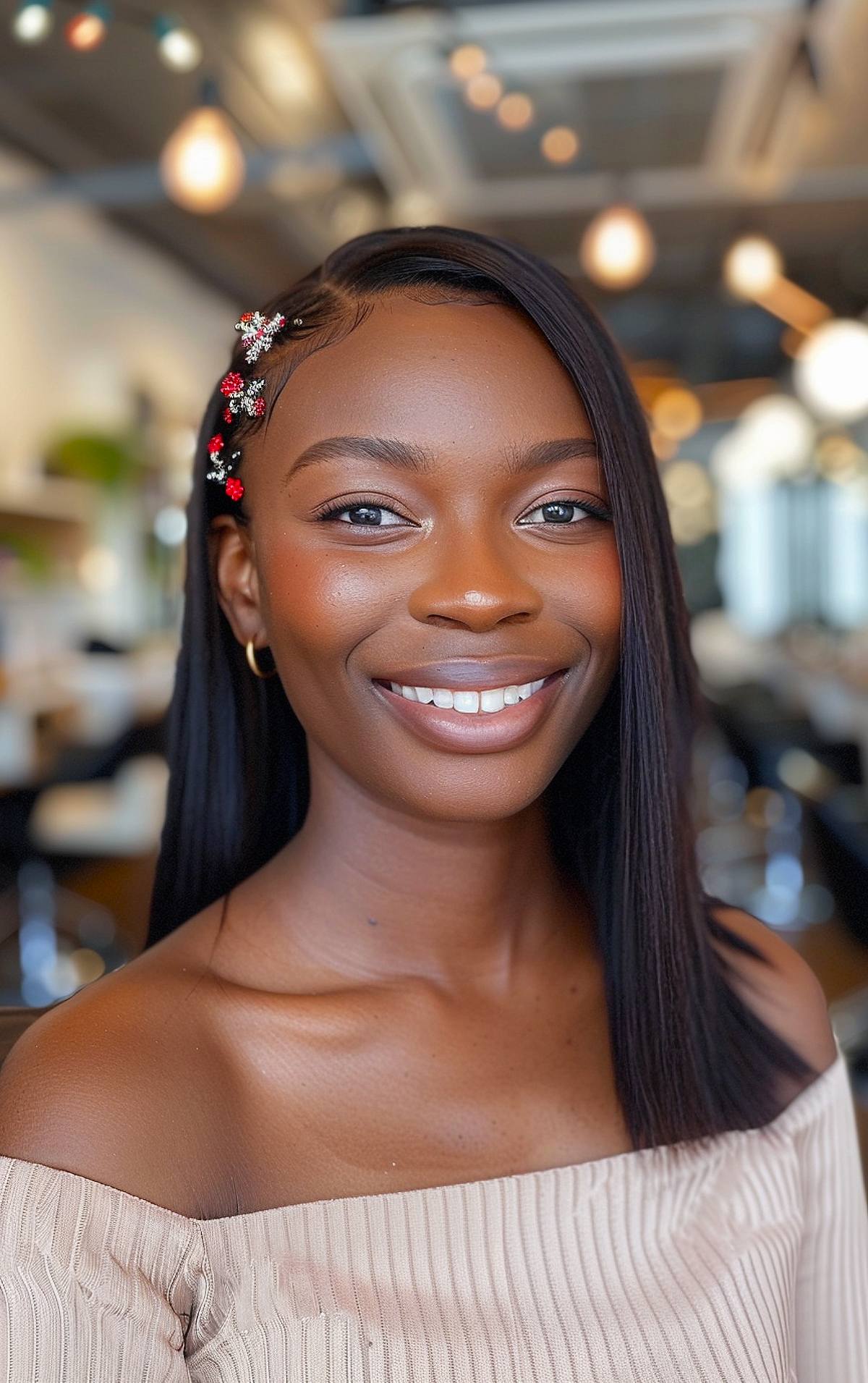 Sleek side-part hairstyle with holiday accessories for Black women