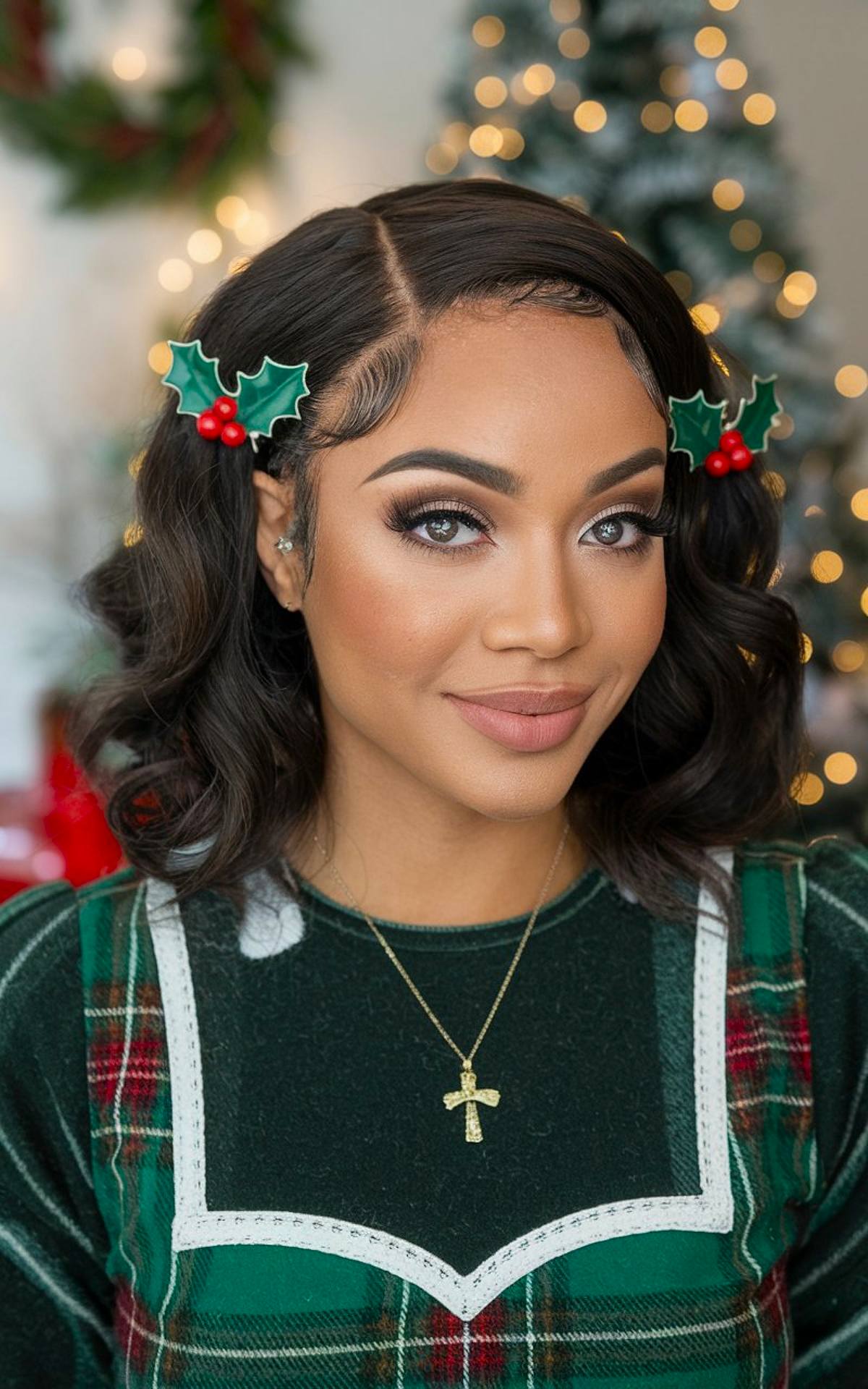 Christmas bob hairstyle with holly hair clips for Black women