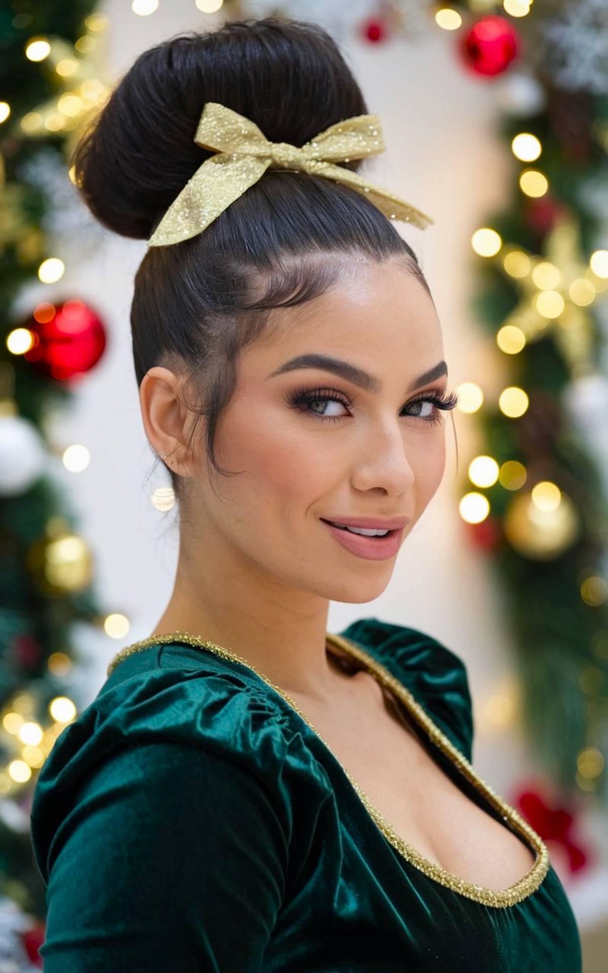 High bun hairstyle with gold bow for the holidays