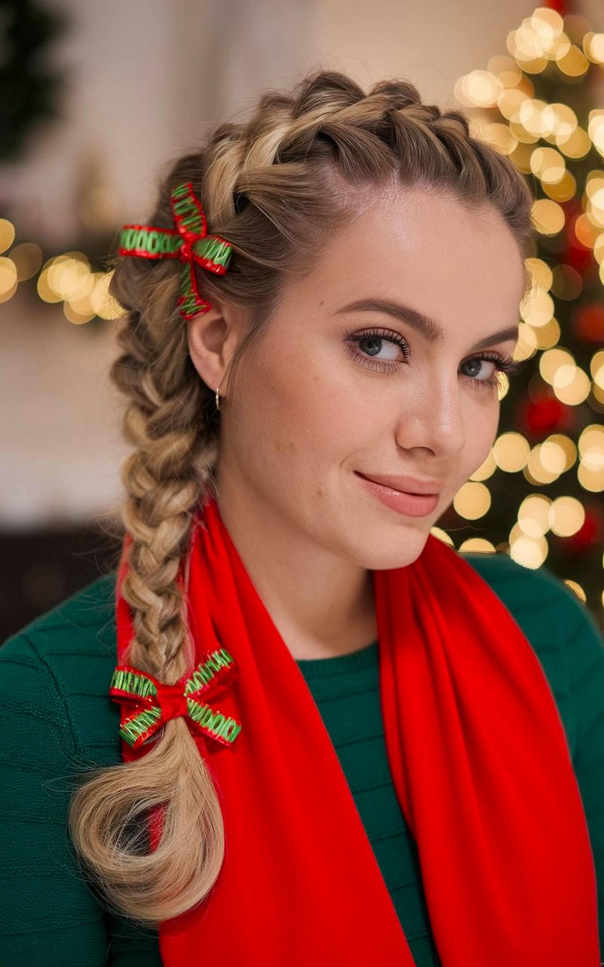 Dutch braids with Christmas ribbons for medium-length hair