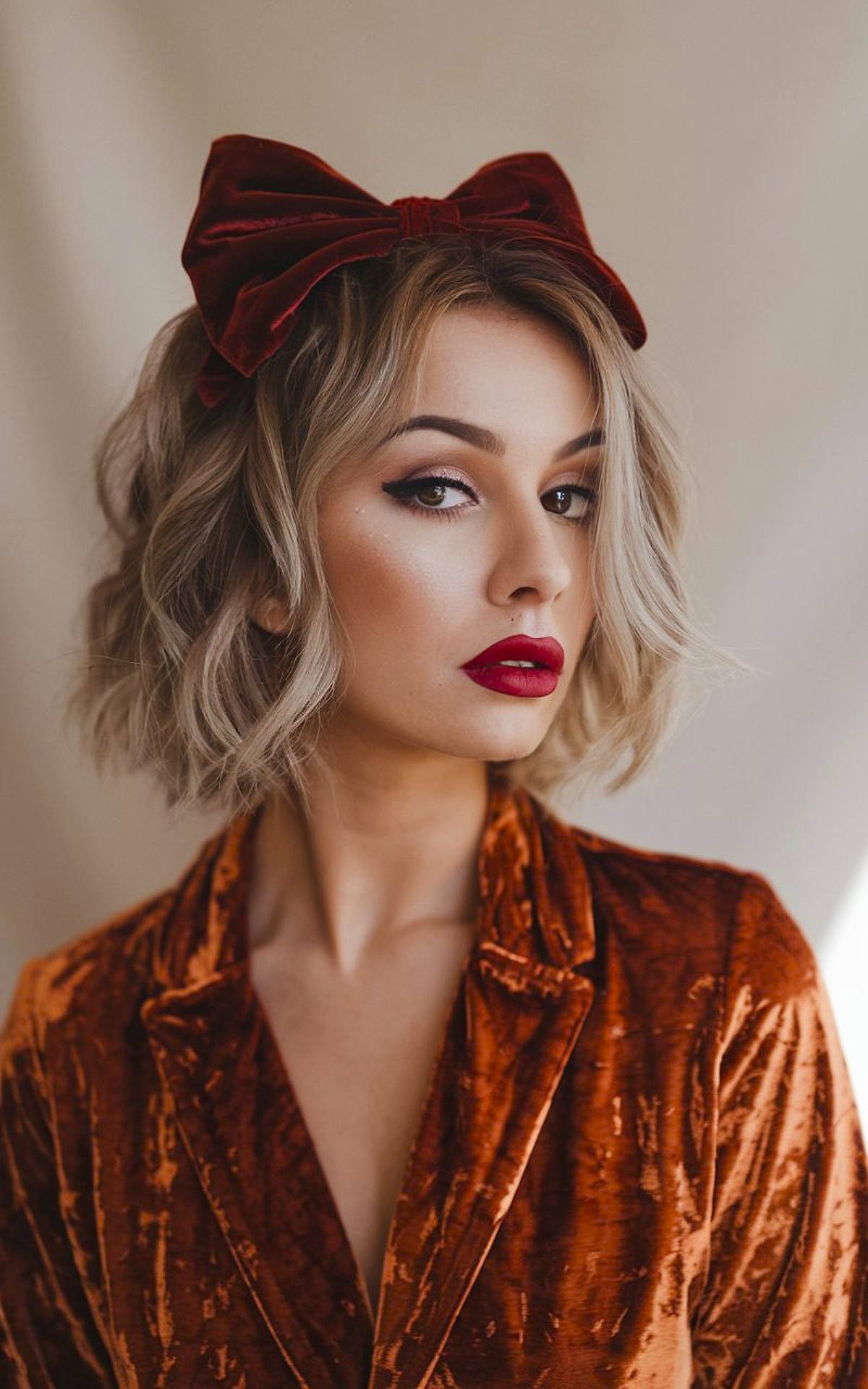 Wavy bob with velvet bow for Christmas