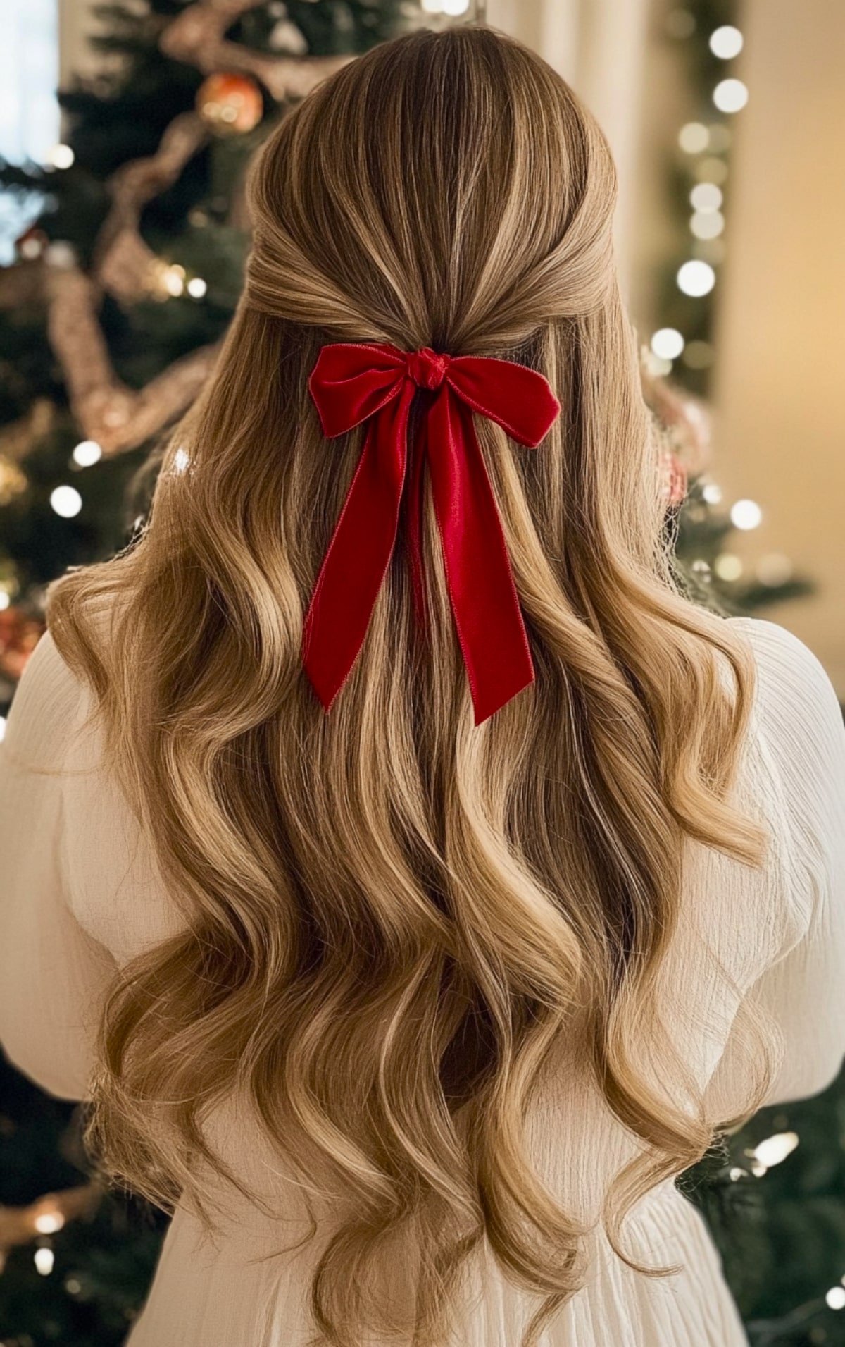 Christmas half-up hairstyle with waves and velvet bow