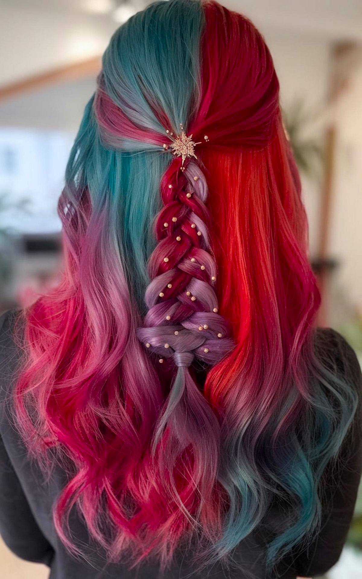 Colorful braided Christmas tree hairstyle with festive beads