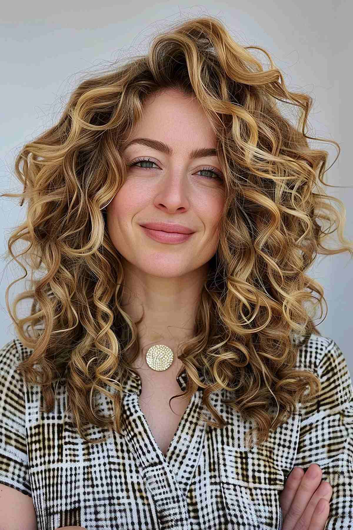 Curly dark hair with thick blonde highlights and layered cut