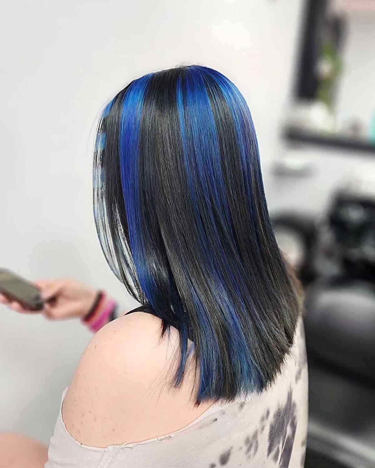 Chunky Blue Skunk Stripes on Mid-Length Black Straight Hair