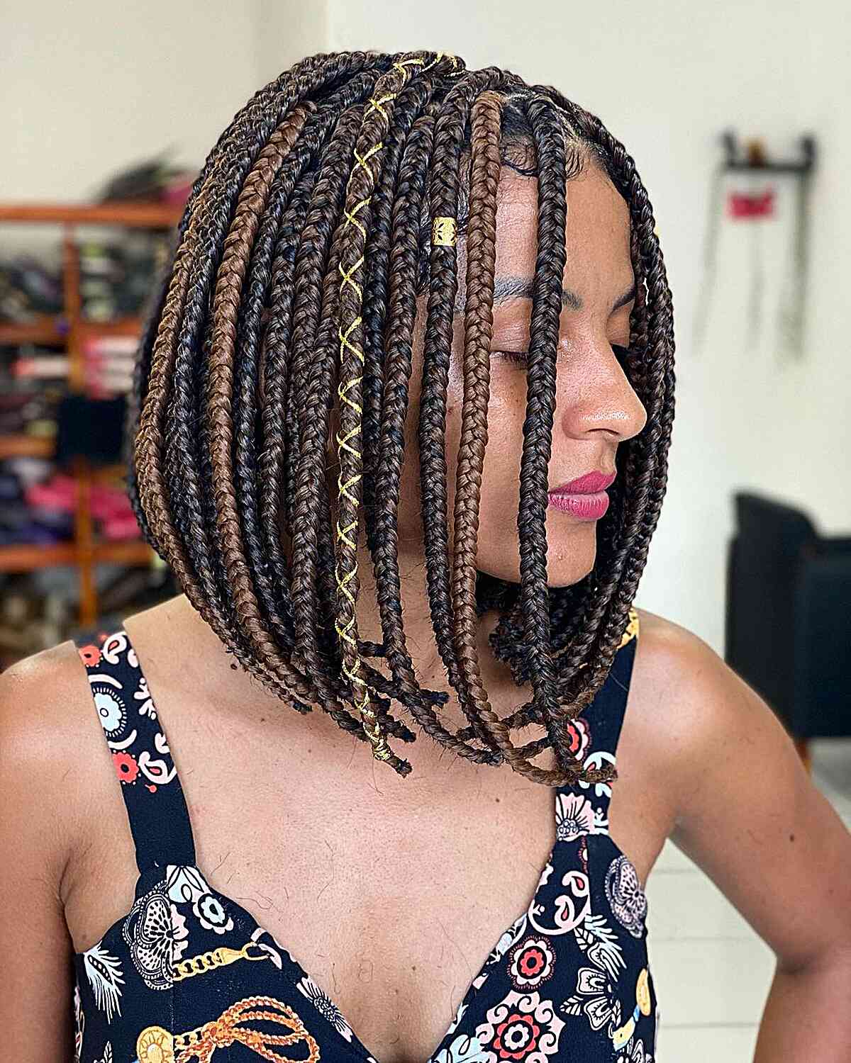 Chunky Box Braids with Ribbon Accents and Cuffs on a Bob Cut