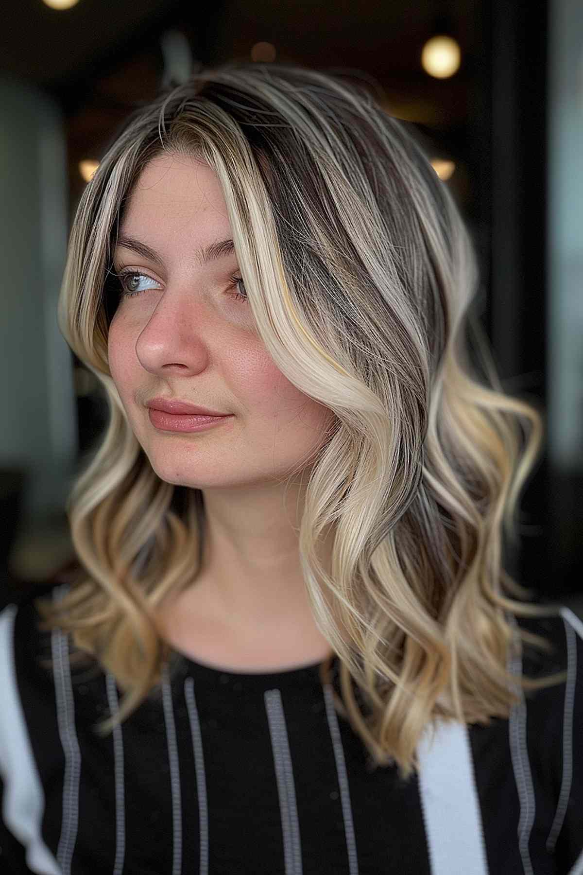 Medium-length dark hair with chunky light blonde highlights and soft waves