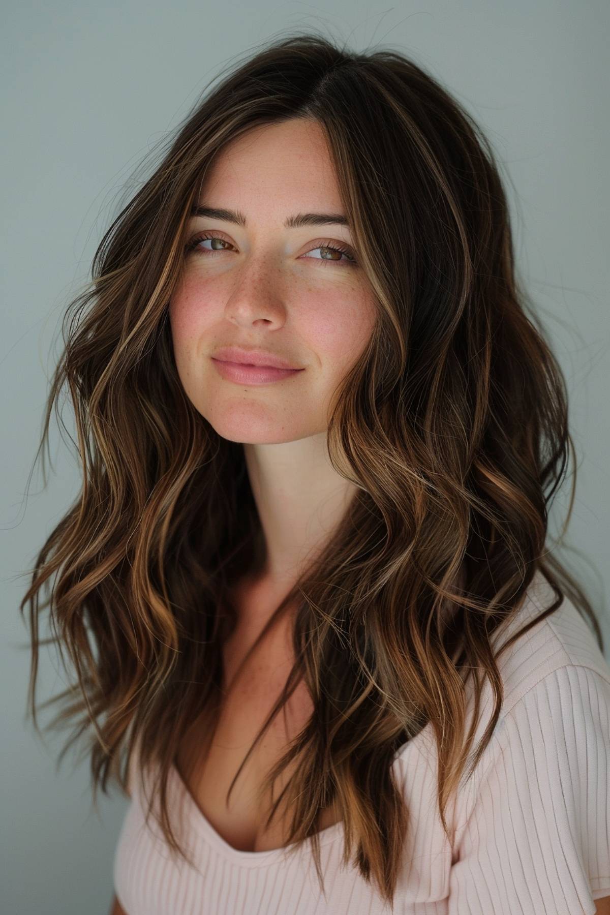 Warm cinnamon-toned dark brown hair with golden and chestnut highlights, adding depth and richness