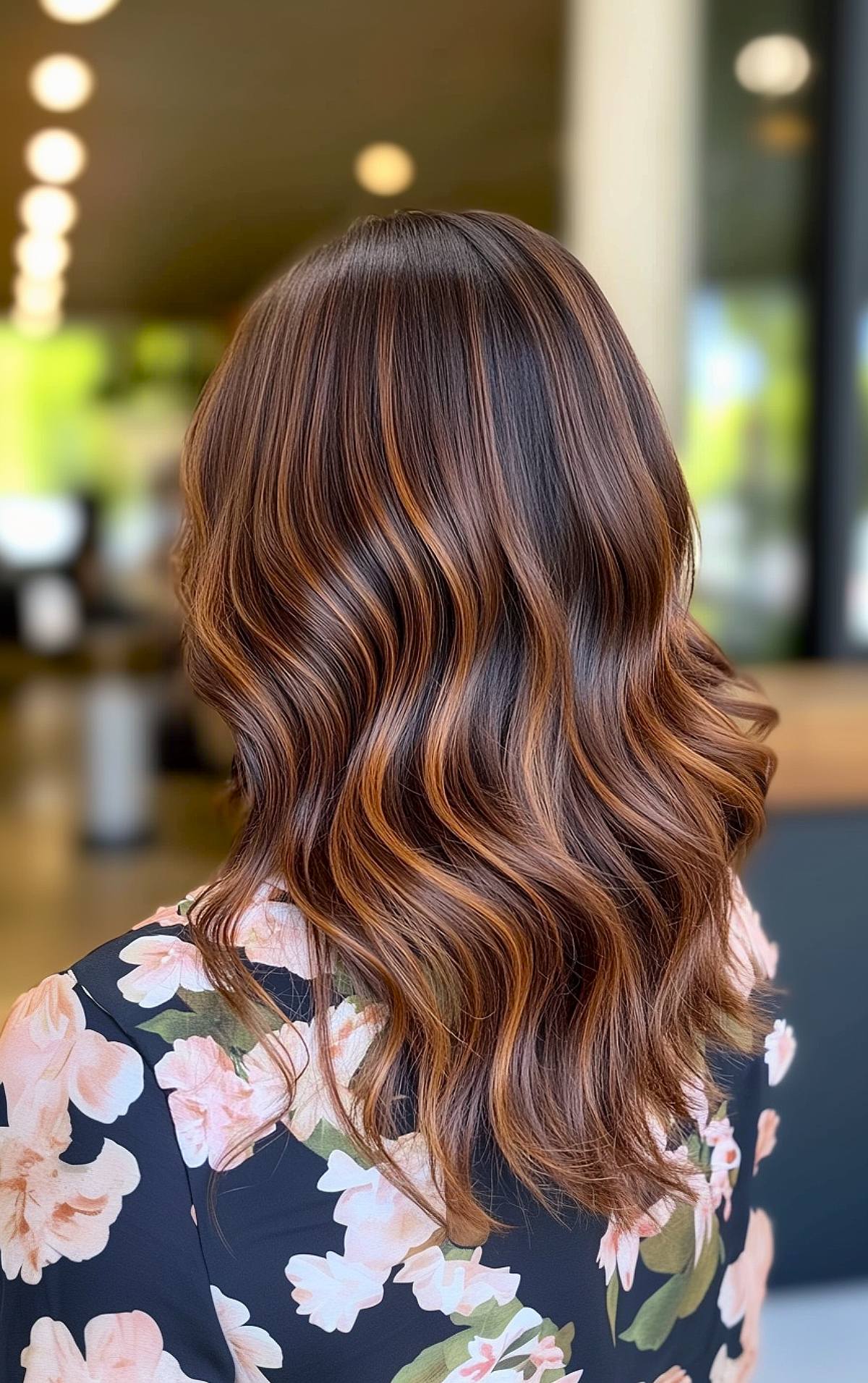 Brown hair with cinnamon highlights and soft waves