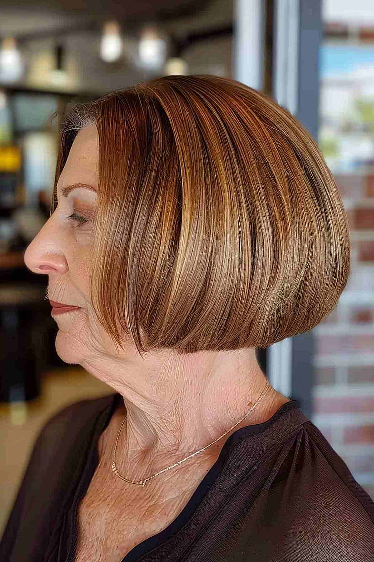 Classic bob with caramel highlights for women over 70, featuring a sleek, straight cut and face-framing layers.
