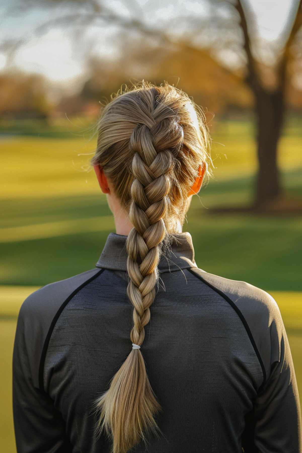 Woman with classic braided ponytail, golf hairstyle