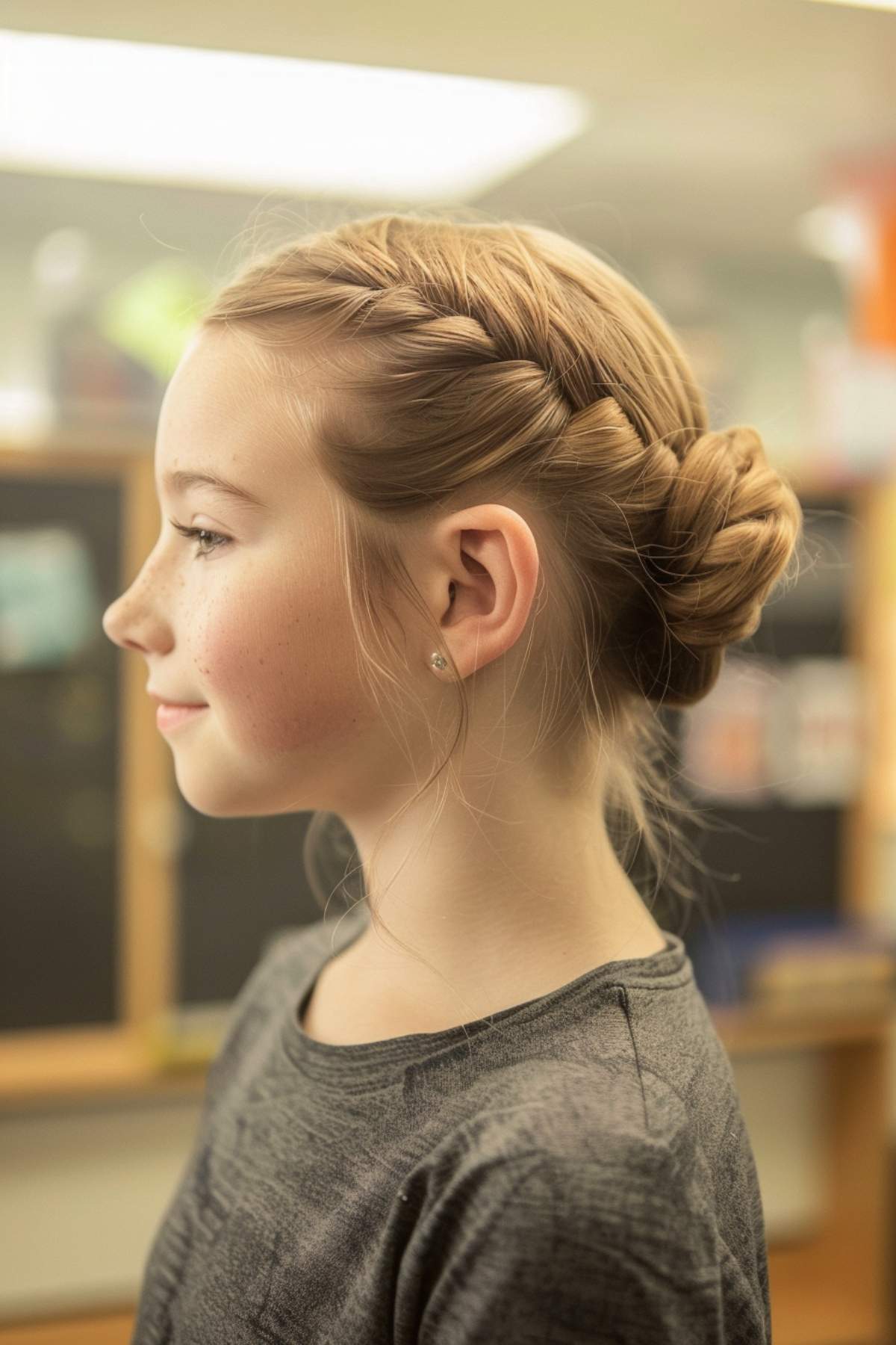 Young girl with a classic braided updo, featuring a French braid leading into a bun