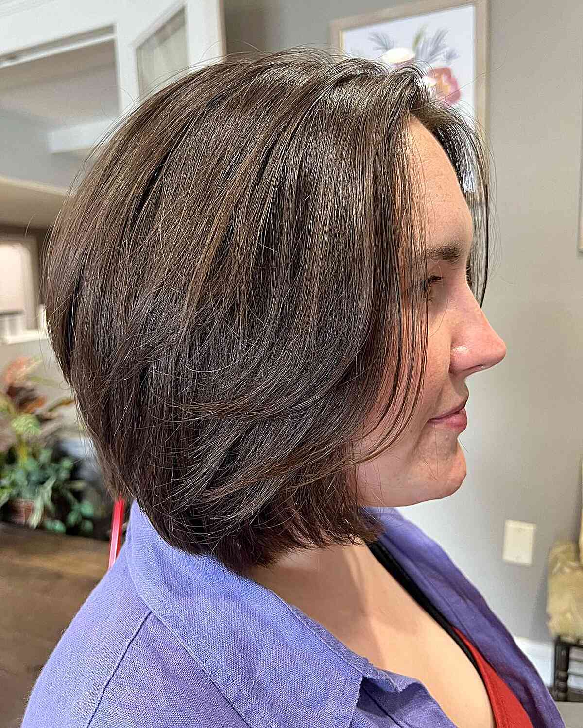 Neck-Grazing Classic Brunette Bob with Front Butterfly Layers