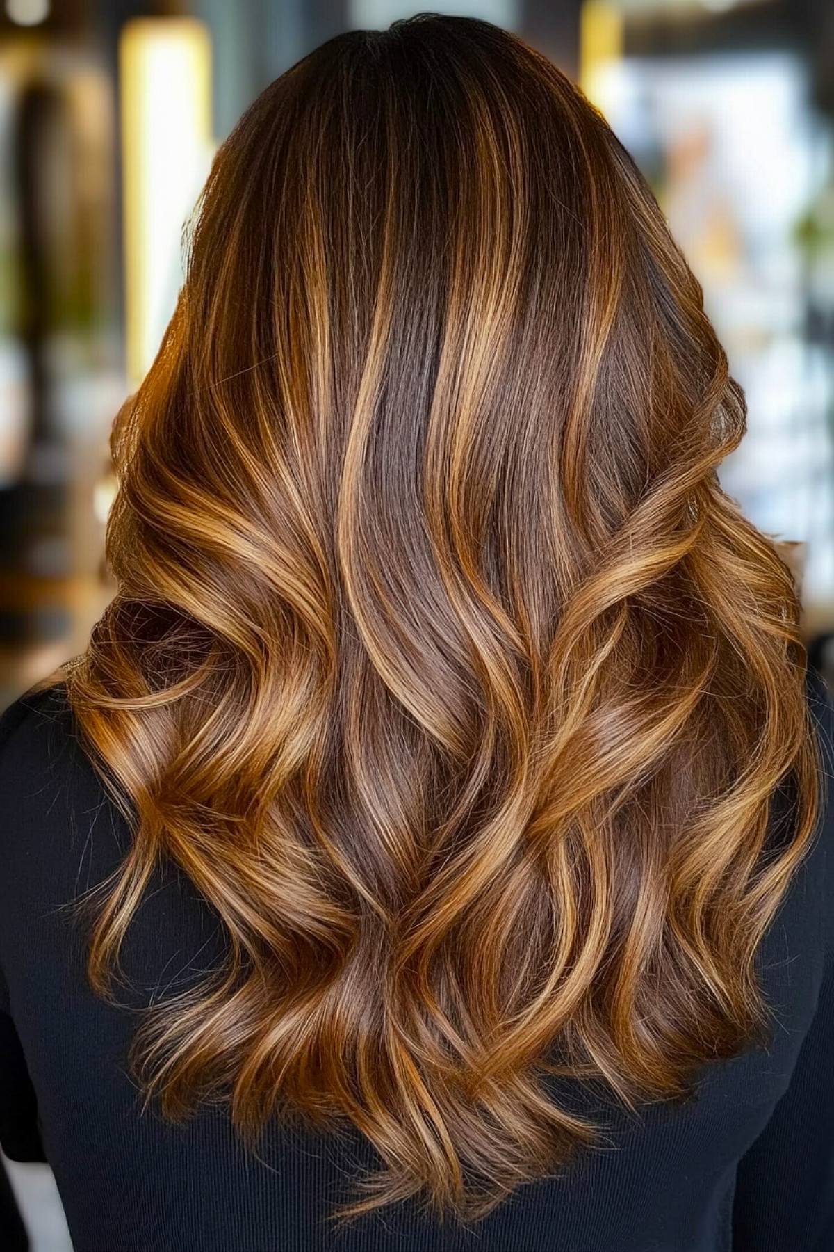 Classic caramel balayage with soft waves on brunette hair