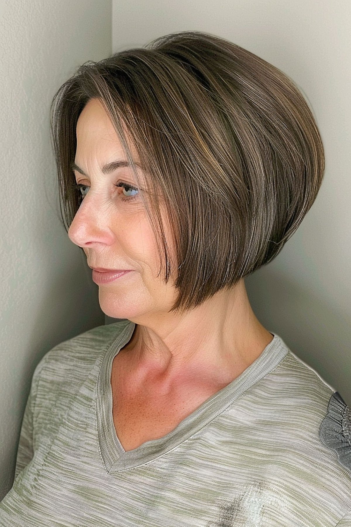 Woman with a chin-length graduated bob hairstyle featuring subtle layers