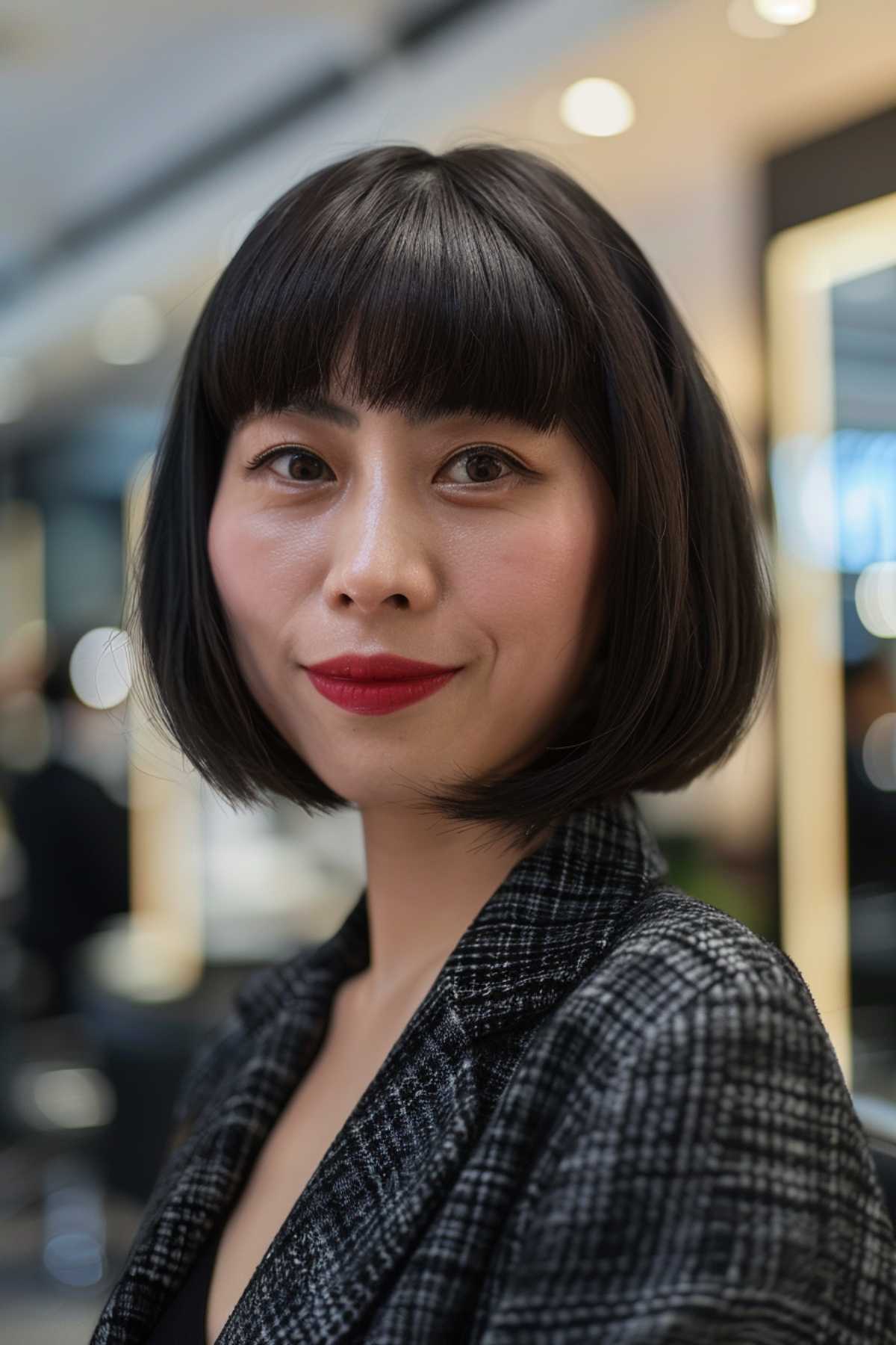 Classic Chinese bob with blunt bangs, chin-length, for straight hair