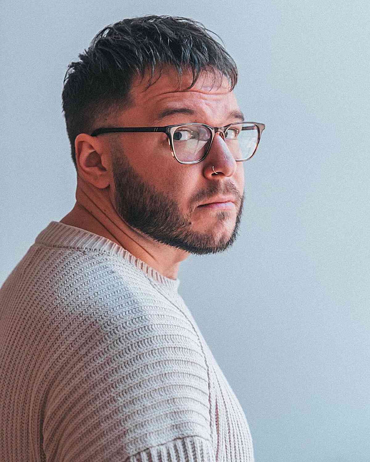 Classic Cut with Textured Piece-y Bangs for Men with Glasses