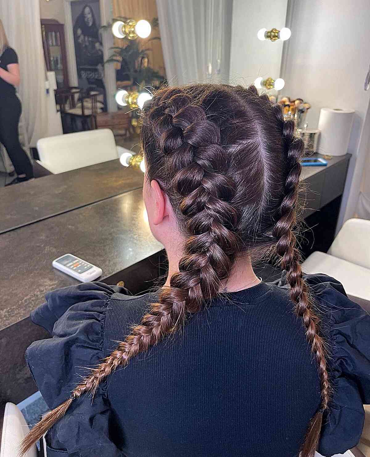 Classic Double Plaited Pigtails for Long Brunette Hair