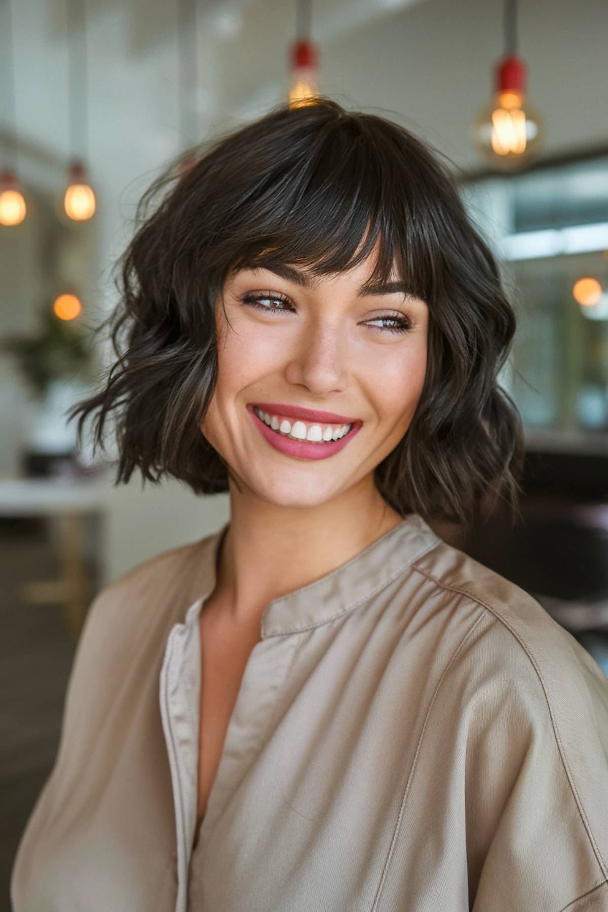 Classic French bob for short dark hair, featuring a soft, chin-length cut with light waves