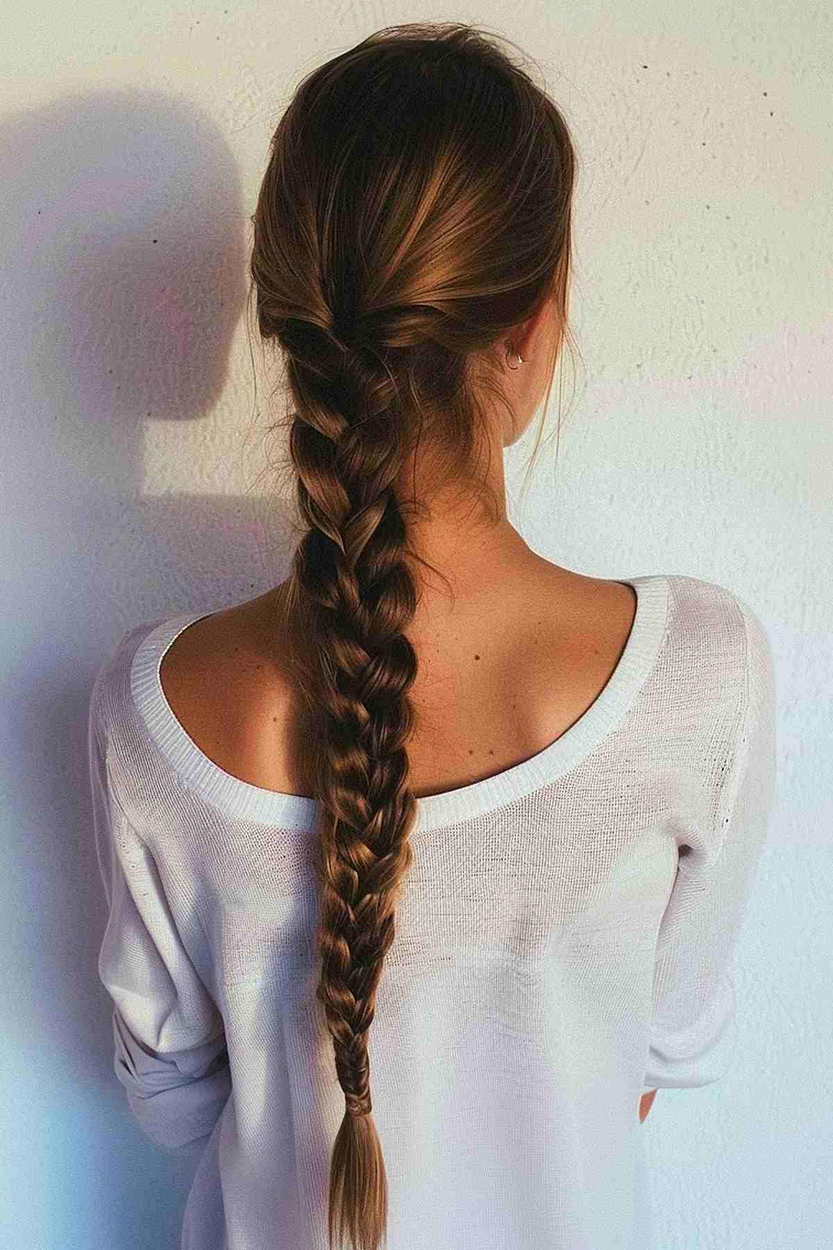 Woman with a classic French braid, wearing a white top