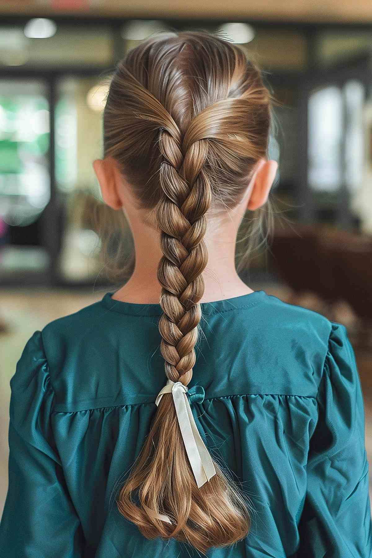 Young girl with a classic French braid and ribbon hairstyle