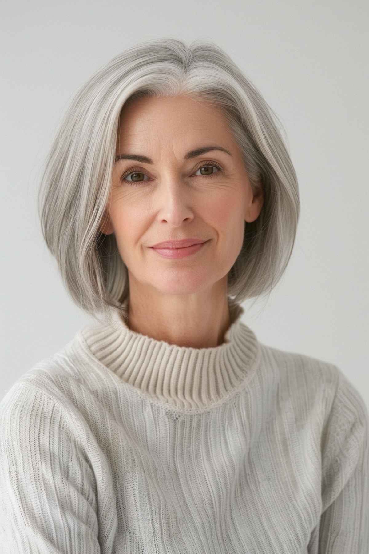 Woman with a classic grey bob haircut, neck-length, soft layers, side part